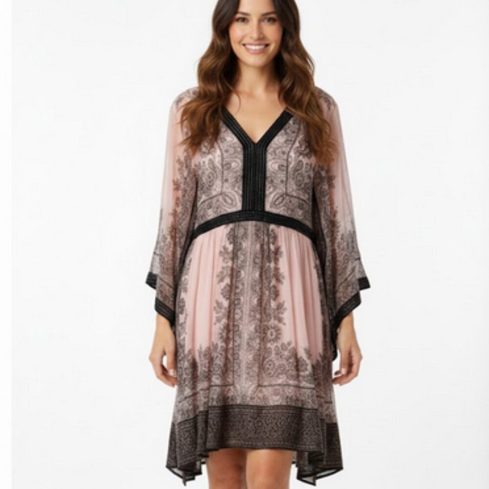 Cache SALE! Vintage Kimono Dress Sheer Unique Rare Pink and Black Whimsigoth M/L